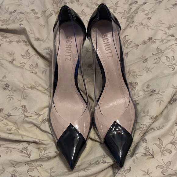 Schutz Cendi Transparent Clear Vinyl Black Patent Leather Heels - Picture 1 of 6